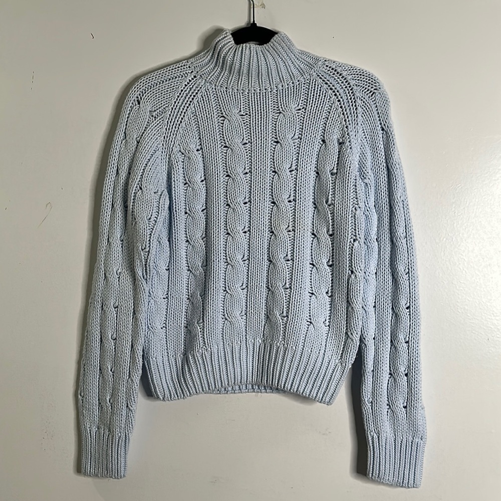 Club Monaco baby blue cable kit high neck sweater size medium tick